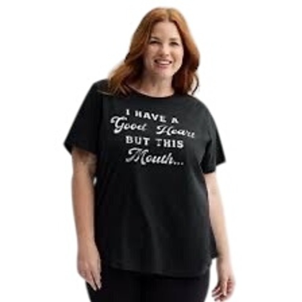 Mighty Fine Womens 1X Black Graphic Tee I Have A Good Heart But‎ This Mouth NWT
